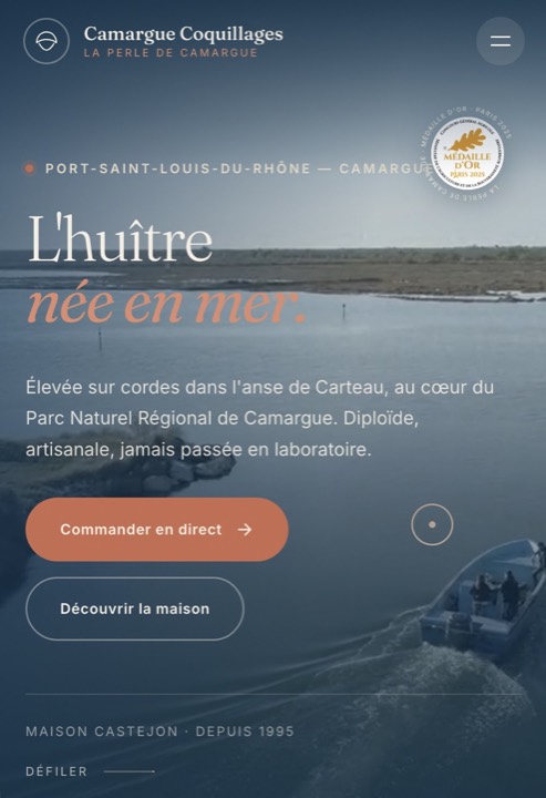 Page d'accueil du site Camargue Coquillages sur mobile